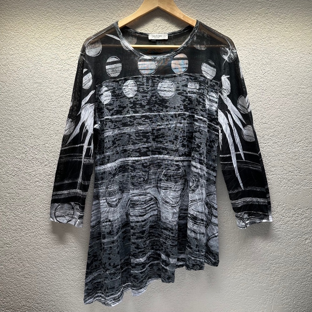 Jess & Jane Tunic Top Women's L Art to Wear Geometic Sheer sleeves Boho USA Made